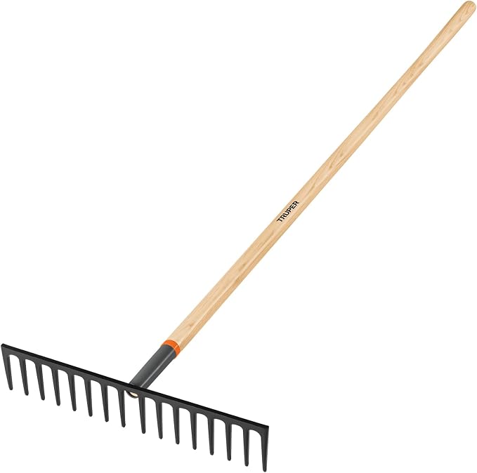 Truper 16-Tine Heavy-Duty Road Rake (Model 31390 / R-16MX) | 66-Inch Premium Ash Wood Long Handle, Professional Level Head Asphalt, Gravel, and Landscape Grading Tool