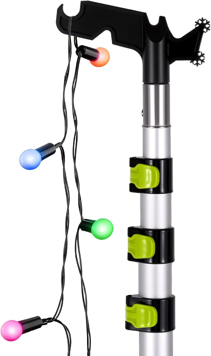 4.7-17 Foot Telescopic Extension Pole with Utility Hook, Telescoping Pole with Hook for String Lights,Christmas Lights,Birdfeeders, Sturdy (17Ft Pole with Hooks)