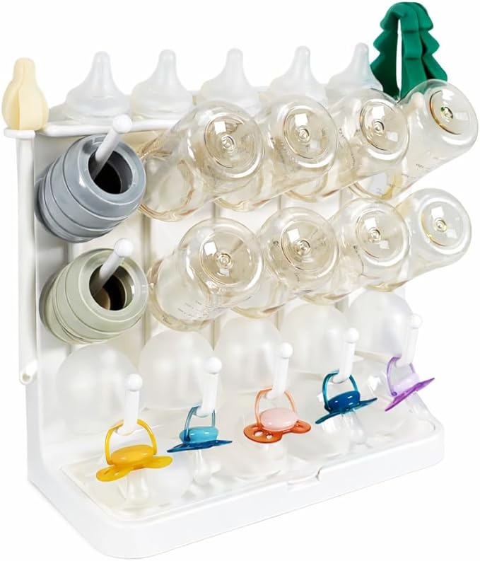 LUNELL Baby Bottle Drying Rack with 20 Hooks and Drip Tray, Large Space Saving Vertical Dryer Holder for Countertop, Storage Organizer for Pump Parts, Pacifiers, with Brush Holder, Ivory White