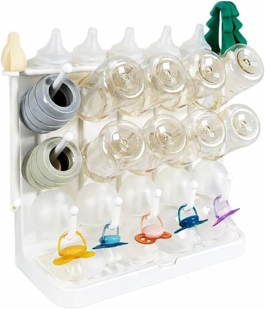 LUNELL Baby Bottle Drying Rack with 20 Hooks and Drip Tray, Large Space Saving Vertical Dryer Holder for Countertop, Storage Organizer for Pump Parts, Pacifiers, with Brush Holder, Ivory White