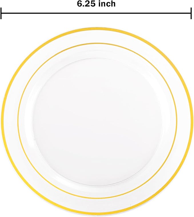 bUCLA 100 Pieces Clear Gold Plastic Plates Disposable - 6.25 Inch Clear Plastic Dessert Plates with Gold Trim for Party, Wedding & Thanksgiving