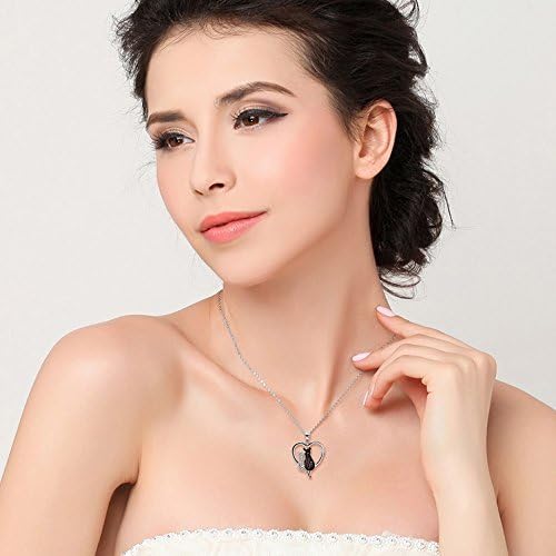 Two-tone 925 Sterling Silver Black and White Crystal Couple Cat Love Pendant Necklace, 18"
