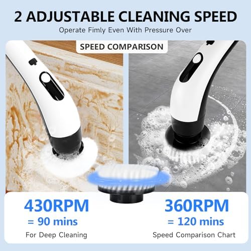 lectric Spin Scrubber, Cordless Bathroom Cleaning Brush with 8 Replaceable Brush Heads - 120Mins Work Time Adjustable Long Handle 2 Speeds | Handheld Steam Cleaner for Home, Pressurized Portable Handh