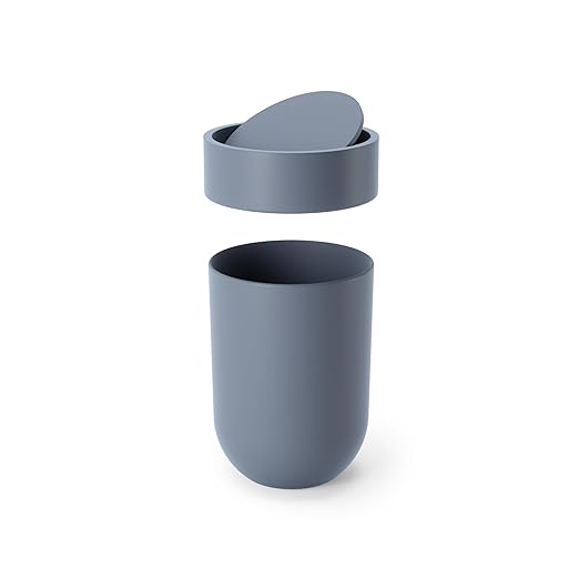 Umbra Touch Trash Can, Small Garbage Bin Waste Basket with Lid for Bathroom, Slate Blue