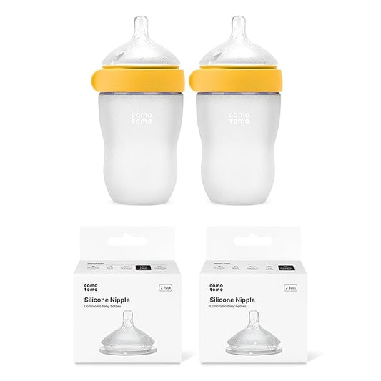 Silicone Baby Bottle Feeding Bundle – Comotomo Gen 2 8oz Anti Colic Baby Bottle Set (Yellow) + Fast Flow & Variable Flow Replacement Nipples – Breast Like Silicone Bottle System