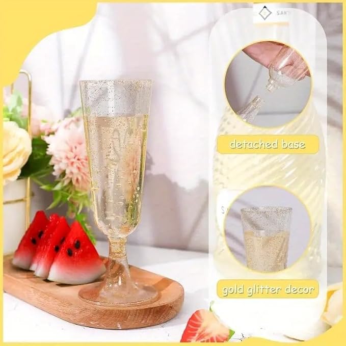 50 Pack Plastic Champagne Flutes 5.5oz Gold Glitter Disposable Suitable for Wedding, Birthday Party, Thanksgiving Day, Christmas Supplies