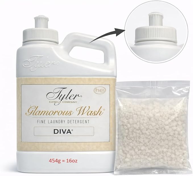 Tyler Candle Company Glam Wash Laundry Detergent, Diva 16 Fl Oz/with Glamorous Sachet Single Pouch, Pull and Pour Spill Proof Cap b