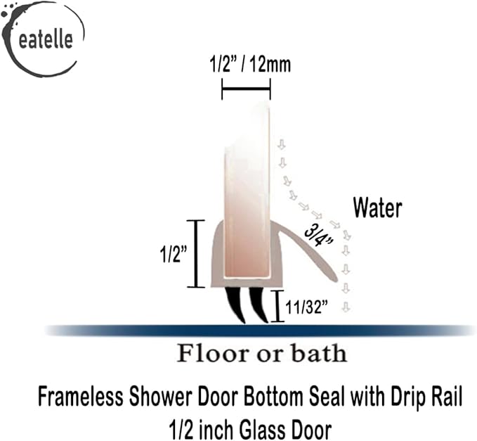eatelle Shower Door Bottom Seal with Drip Rail for Thick Glass, 36" Long Sweep - Ultra Clear Polycarbonate… (2 Pack - 1/2")