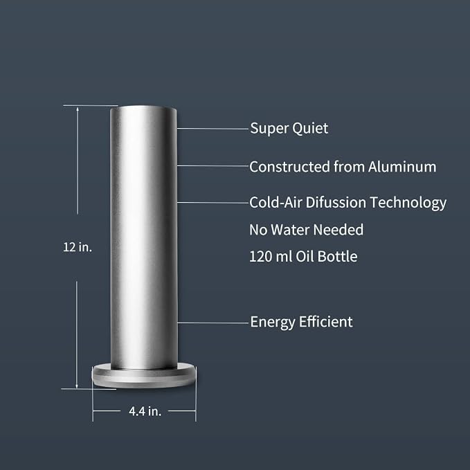 Bluetooth Essential Oil Diffuser for Aromatherapy Oils, Waterless Fragrance Diffuser, Cold-Air Diffusion Scent Air Machine for Home, Office (Silver)