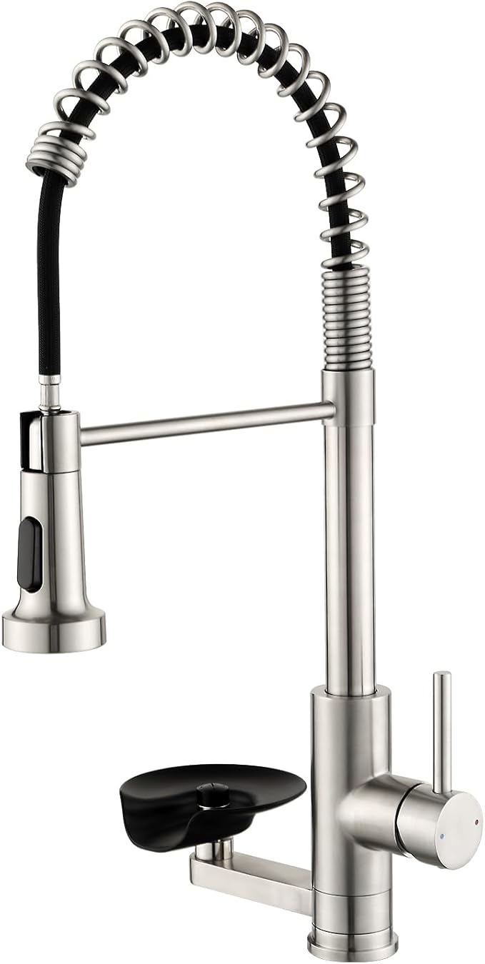 Kitchen Faucet with Cup Washer Pull Down Sprayer Stainless Steel Kitchen Sink Faucet with Deck Plate Glass Rinser Single Hole Brushed Nickel 866-3307SN