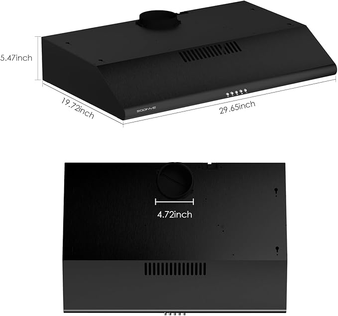 30 inch Black Under Cabinet Range Hood, Stainless Steel Slim Kitchen Vent Hood Ducted/Ductless Convertible with 3 Speed Controls, 5-Layer Aluminum Filters,LED Lights