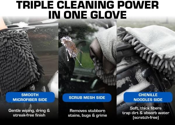 Premium 3-in-1 Car Wash Mitt Scratch Free, Cleaning Mitt, Microfiber Wash Mitts for Car Washing, Drying, and Scrubbing (2-Pack)