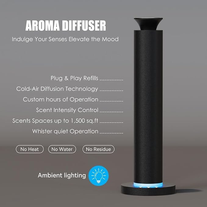 Waterless Scent Diffuser Machine with 4 Lights and Breathing Lights Modes Max Coverage 2500 sq.ft. Essential Oil Diffusers Fragrance Large Room Rechargeable App Remote Control Ancient Silver