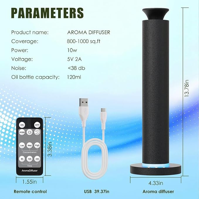 Waterless Scent Diffuser Machine with 4 Lights and Breathing Lights Modes Max Coverage 2500 sq.ft. Essential Oil Diffusers Fragrance Large Room Rechargeable App Remote Control Carbon Black