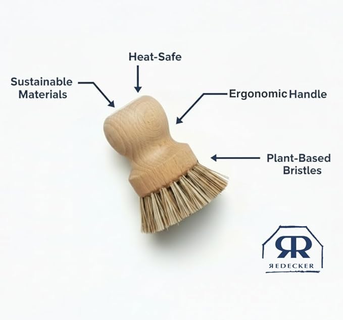 Redecker Pot Brush, Union Fibre, Single Heavy Duty Scrub Brush for Pots, Cast Iron & Baked-On Residue, Beechwood, 2.6-Inch Round, Made in Germany