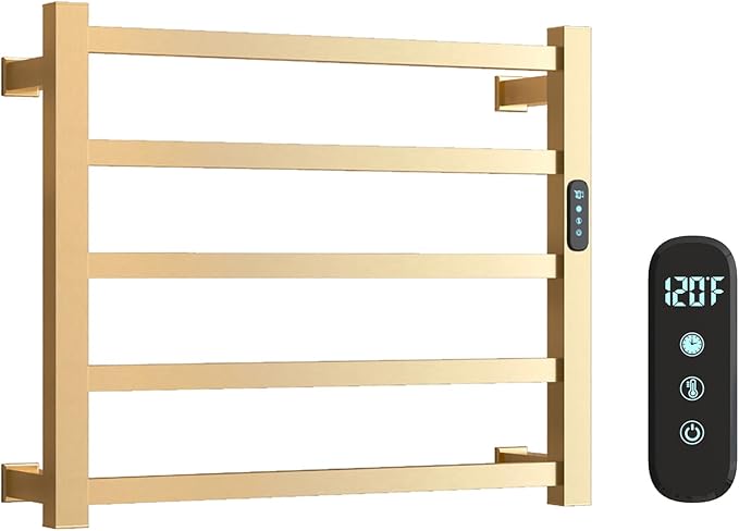 Luxury Heated Towel Rack for Bathroom, Wall Mounted Electric Towel Warmer Racks with Timer & Temperature Multi-Level Adjustable, 5 Bar Stainless Steel Towel Heater for Bathroom (Brushed Gold)