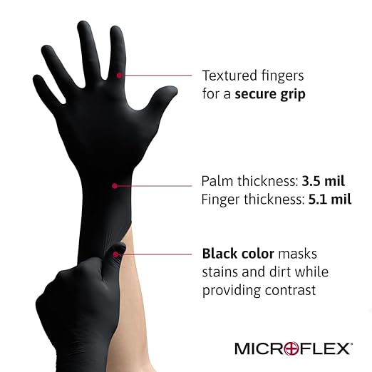 Ansell MICROFLEX Onyx N64 Disposable Nitrile Exam Gloves for Automotive, Metal Fabrication - Med, Black (Box of 100)