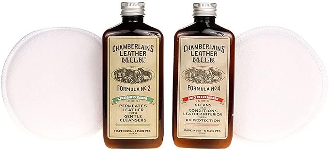 Leather Milk Auto Leather Cleaner & Conditioner Kit (2 Formula Car Detailing Set) - Straight Cleaner No. 2 + Auto Refreshener No. 4 - All Natural, Non-Toxic. Made in USA. Includes 2 Detailing Pads!