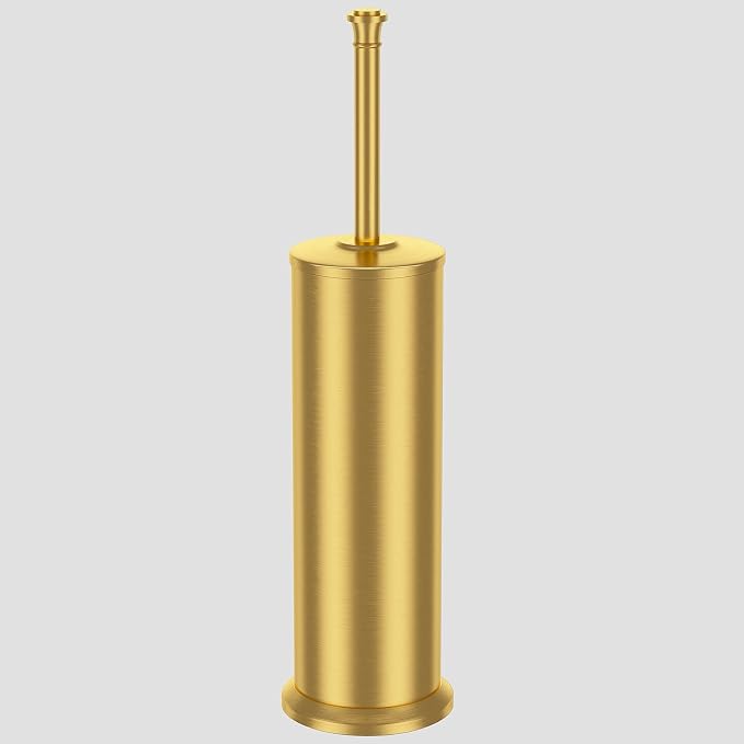 Brass Toilet Brush and Holder，Long Handled Gold Toilet Brush for Bathroom，Stainless Steel Heavy Duty Toilet Bowl Brush,Removable Inner Bowl,Deep Cleaning Dense Bristles Cleaner Brush -Space Saving