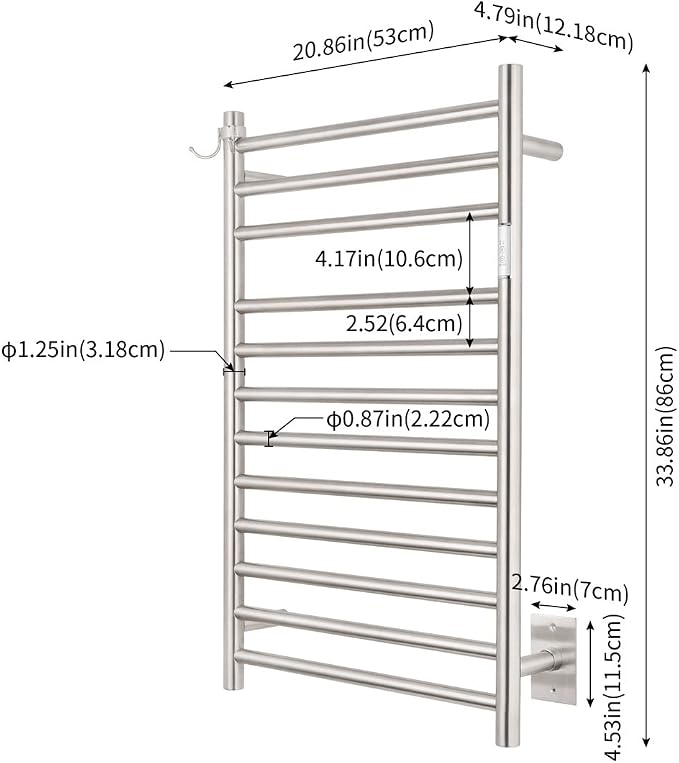 Wall Mounted Towel Warmer 12 Bars with Plug-in and Hardwired Options 3 Working Modes Brushed Stainless Steel 21” W 34” H