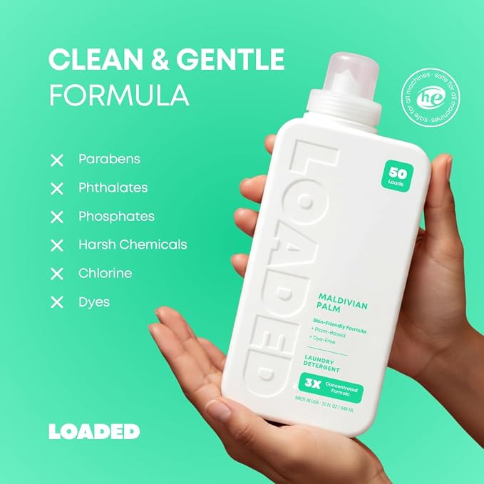 Loaded Laundry Detergent, Luxury Cologne & Perfume Scented | 50 Loads | Coconut & Palm | Skin-Friendly & Plant-Based | Made in USA | 32 oz