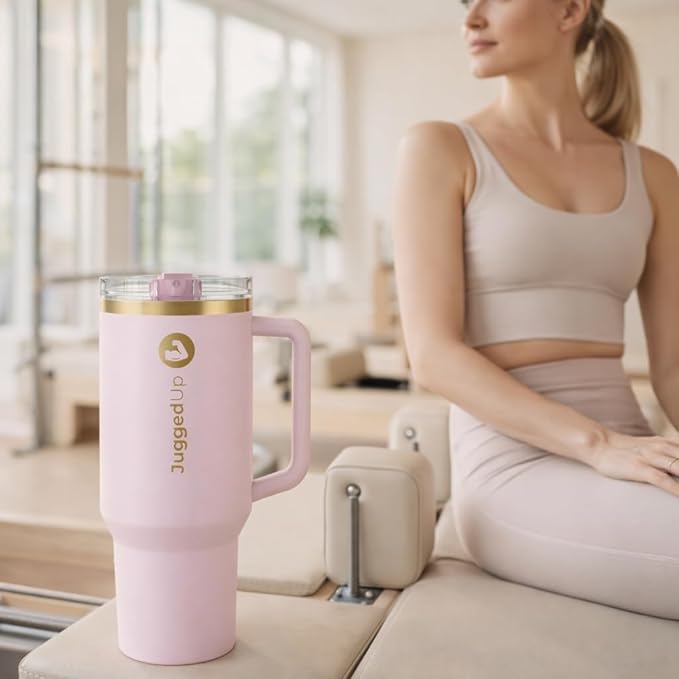 40oz Insulated Stainless Steel Tumbler with Handle & Flip Straw Lid – Leak-Proof Travel Mug, Cup Holder Compatible, BPA-Free – Blush Gold