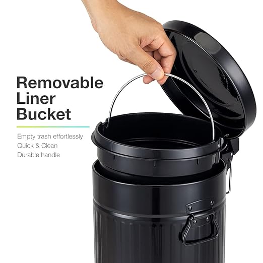 Bathroom Trash Can with Lid, Small Waste Basket for Home Bedroom, Retro Step Garbage Can with Soft Close, Vintage Office Trash Can, 5 Liter/ 1.3 Gallon, Glossy Black