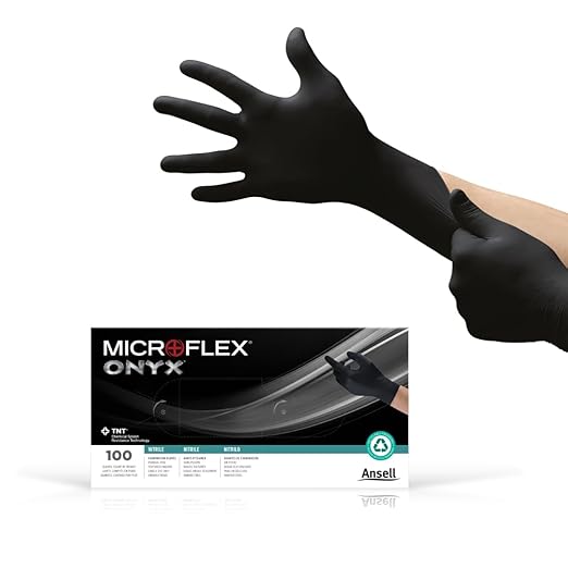Ansell MICROFLEX Onyx N64 Disposable Nitrile Exam Gloves for Automotive, Metal Fabrication - Med, Black (Box of 100)