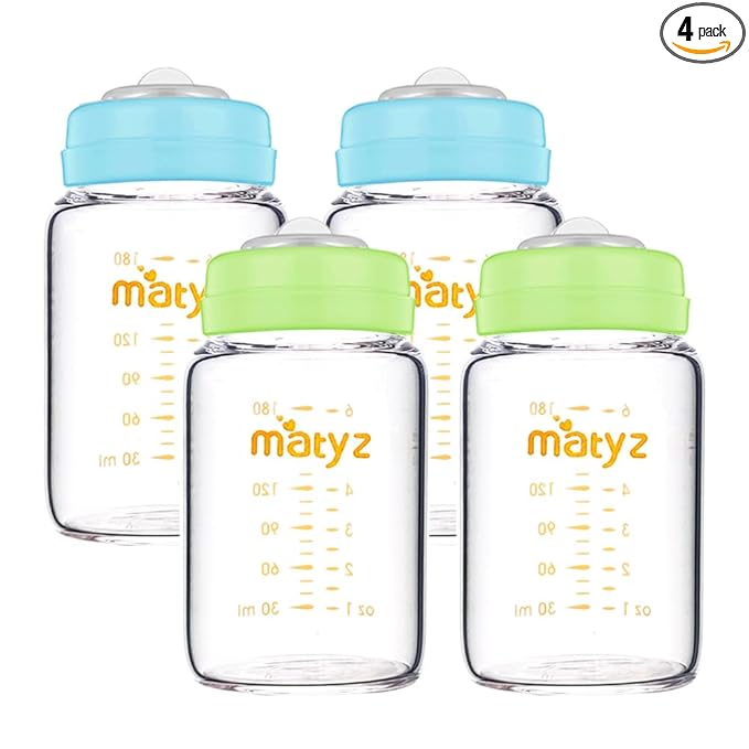 Matyz Glass Breastmilk Storage Containers, 4 Pack, 6 oz Bottle, Fit with Spectra Medela Avent Pump - Wide Mouth Breastmilk Collection and Storage Bottle with Lids - No BPA (2 Green & 2 Blue Lids)