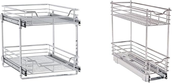 Household Essentials C21521-1 Glidez Dual 2-Tier Sliding Cabinet Organizer, 14.5" Wide, Chrome & Glidez Narrow Sliding Organizer, 7", Chrome