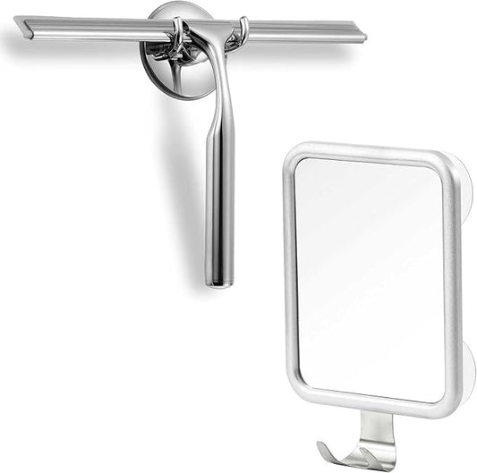 Shower Squeegee for Glass Doors 10 Inches Stainless Steel Squeege for Window and Car, 4 Suctions Shower Mirror