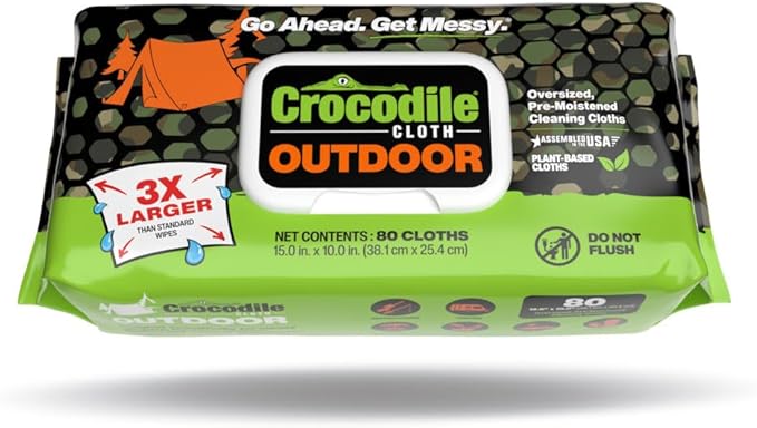 Crocodile Cloth Outdoor Cleaning Wipes, Plant-Based Multi-Surface Wipes, Pre-Moistened, Aloe & Vitamin E, Safe on Skin, 640 Count (8 Packs of 80), 15 x 10 Inch
