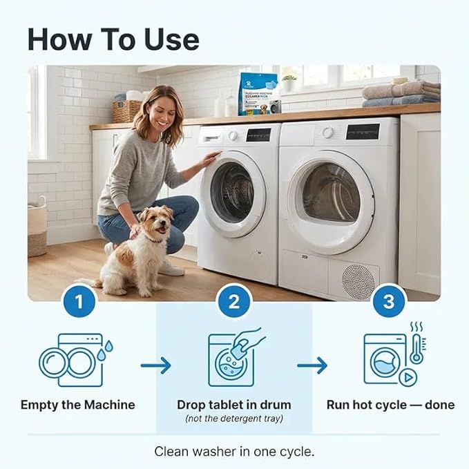 FURME Washing Machine Cleaner Tablets for Pet Owners – 24 Pack Deep Cleaning Descaler for HE Front & Top Load Washers – Removes Pet Hair Odor, Residue & Grime – Septic Safe – 12 Month Supply