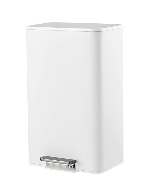 GarveeHome 4.8 Gallon Trash Can, Rectangular Stainless Steel Waste Bin with Quiet Foot Pedal, Soft-Close Lid & Removable Bucket, White Garbage Can for Office, Small Kitchen, Home