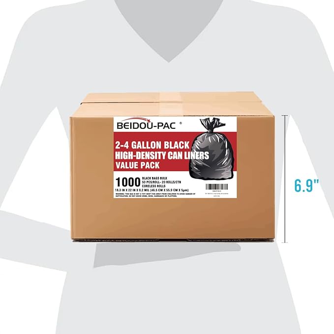 BEIDOU-PAC 2-4 Gallon Trash Bags, 1000 Count Bulk Value Pack, Black Garbage bags, Small Trash Can Bin Liners for Bathroom, Office, Industrial, Commercial, Janitorial, Municipal, Recycling