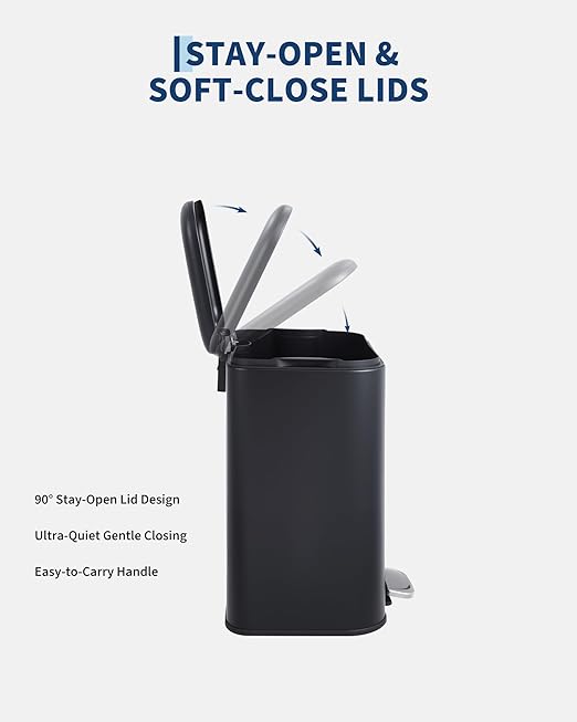 1.3 gal/5L Stainless Steel Kitchen Trash Can, Step-on Recycling Bin with Soft Close Lid, Removable Inner Bucket, Rectangular Wastebasket for Office Living Room, Black