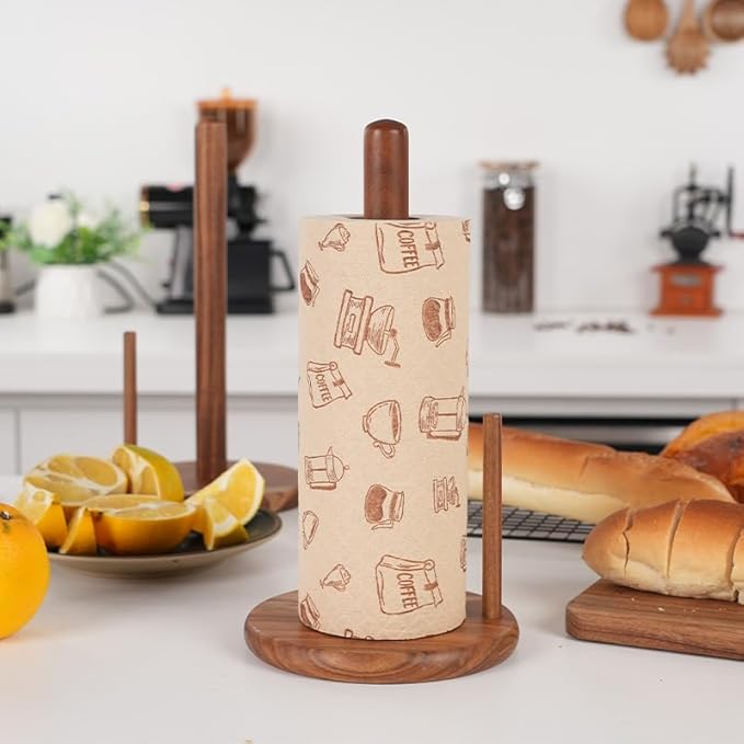 Paper Towel Holder Countertop, Acacia Wood Kitchen Roll Holder with Anti-Slip Weighted Base, Paper Towel Stand for Kitchen Bathroom Dining Table Organize