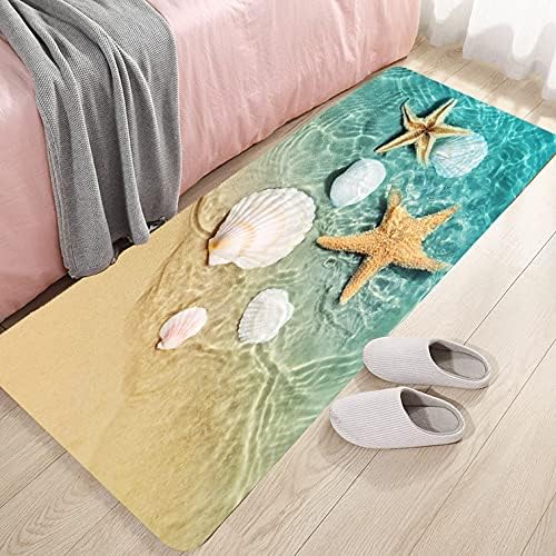 WODEJIA Bathroom Anti-Slip Foam Carpet,Durable Flannel Mat 3D Print Rug for Living Room, Absorbent Water Clearance MatS for Forlaundry Room and Kitchen, Beach Starfish Scallop Carpt 47x18 inches