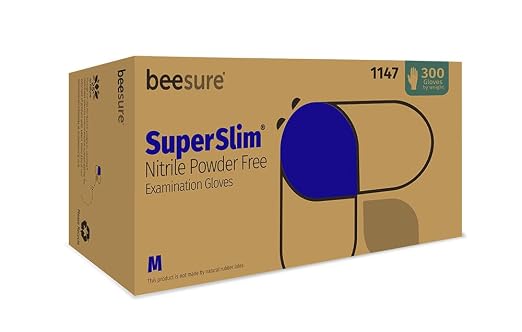 BeeSure BE1147 Superslim Nitrile Powder Free Exam Gloves, Medium (Pack of 300),blue
