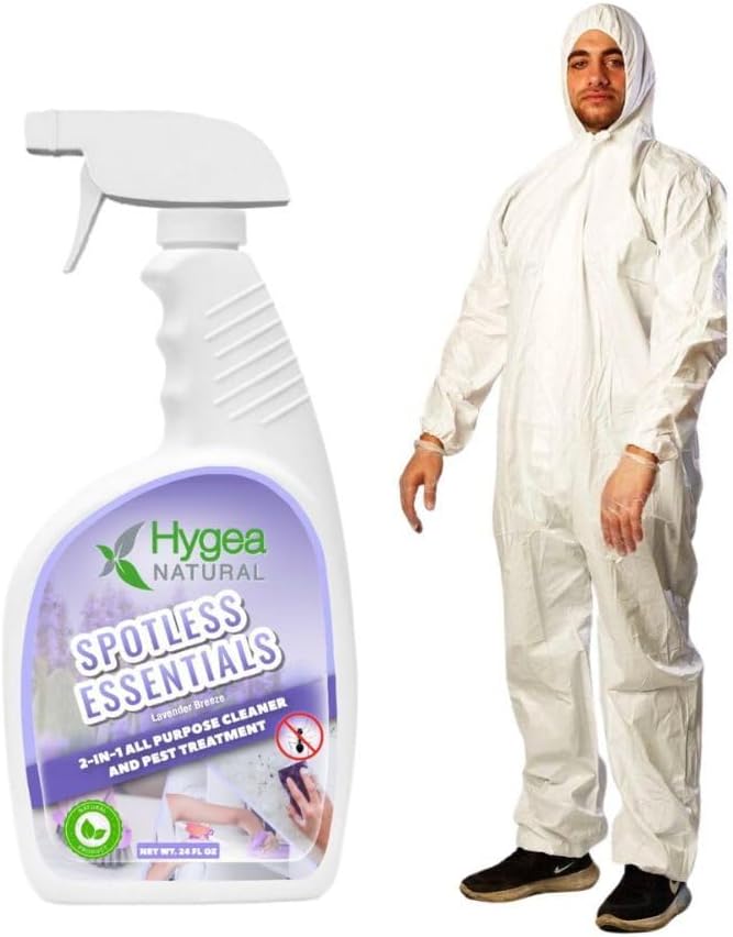 Hygea Natural Spotless Essentials 2-in-1 all purpose cleaner and Mite Spray Lavender Breeze Scent 24oz + Disposable Coveralls Full Body Protective Clothing suit with hood (Large) Bundle