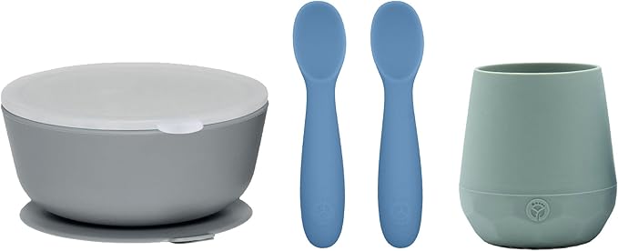 WeeSprout First Feeding Set - Silicone Baby Training Cup 2 Oz, Suction Bowl 10 Oz with Lid & 2 Baby Led Weaning Spoons - For Children 4+ Months - Non-Slip Grip - Dishwasher & Microwave Safe