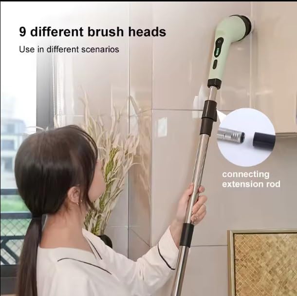 V.E.E Electric Spin Scrubber, Cleaning Brush Scrubber for Home, 400RPM/Mins-9 Replaceable Brush Heads-90Mins Work Time, 3 Adjustable Size, Multiple Speeds for Bathroom Shower Bathtub Glass and Car