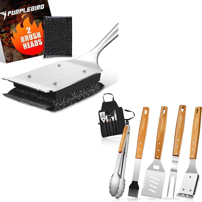 PURPLEBIRD Grill Brush Bristle Free for Outdoor Grill, 3 in 1 BBQ Grill Brush with Scraper & Bottle Opener & Grill Utensils Set with Brush - 5pcs Grilling Tools Set with Bag Apron