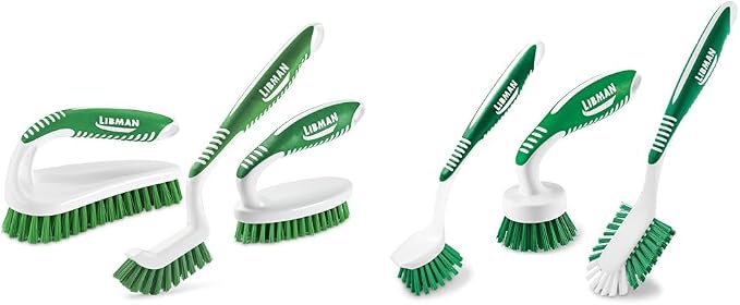 Libman Scrub Brush Kit with 3 Durable Brushes - Tile, Grout, Bathroom, Kitchen + Green & White Cleaning Brush Kit, 3-Piece All-Purpose Set 2406