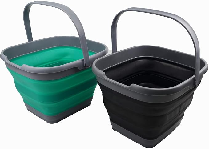 SAMMART 10L (2.6 Gallon) Set of 2 Collapsible Rectangular Handy Basket/Bucket (Bluish-Green + Black, 2)