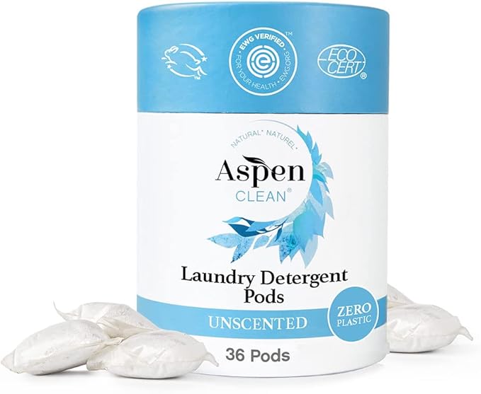 AspenClean | Laundry Pods | Unscented | Clean Detergent for Sensitive Skin | Zero Plastic | Non - Toxic | 100% Natural | EWG Verified - 36 Count