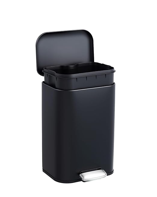 3.2 gal/12L Stainless Steel Kitchen Trash Can, Step-on Recycling Bin with Soft Close Lid, Removable Inner Bucket, Rectangular Wastebasket for Office Living Room, Black