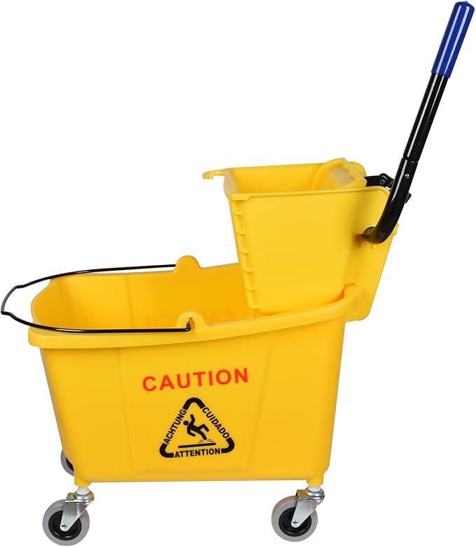 Side-Press Wringer Commercial Mop Bucket on Wheels, 35-Quart, Yellow Mop Bucket for Professional/Industrial/Business Heavy-Duty Floor Cleaning/Mopping