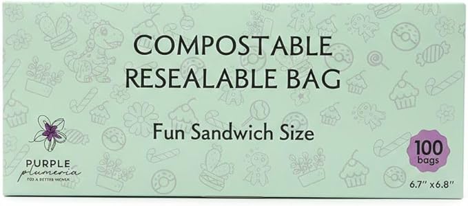 100% Compostable Resealable Food Storage Bags (100 Eco Zip) – Biobased, Leak-Proof, Durable, Freezer-Safe – Extra Strong & Durable (Fun Sandwich) | Biobased, Leak-Proof, Durable, Freezer-Safe, Extra Strong