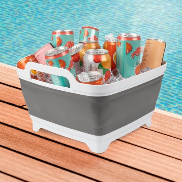 Collapsible Wash Basin - 9L Portable Sink with Drain - Plastic Tub Dish Pan for Camping, Handwashing Laundry, or Dishes by Wakeman Outdoors (Gray)
